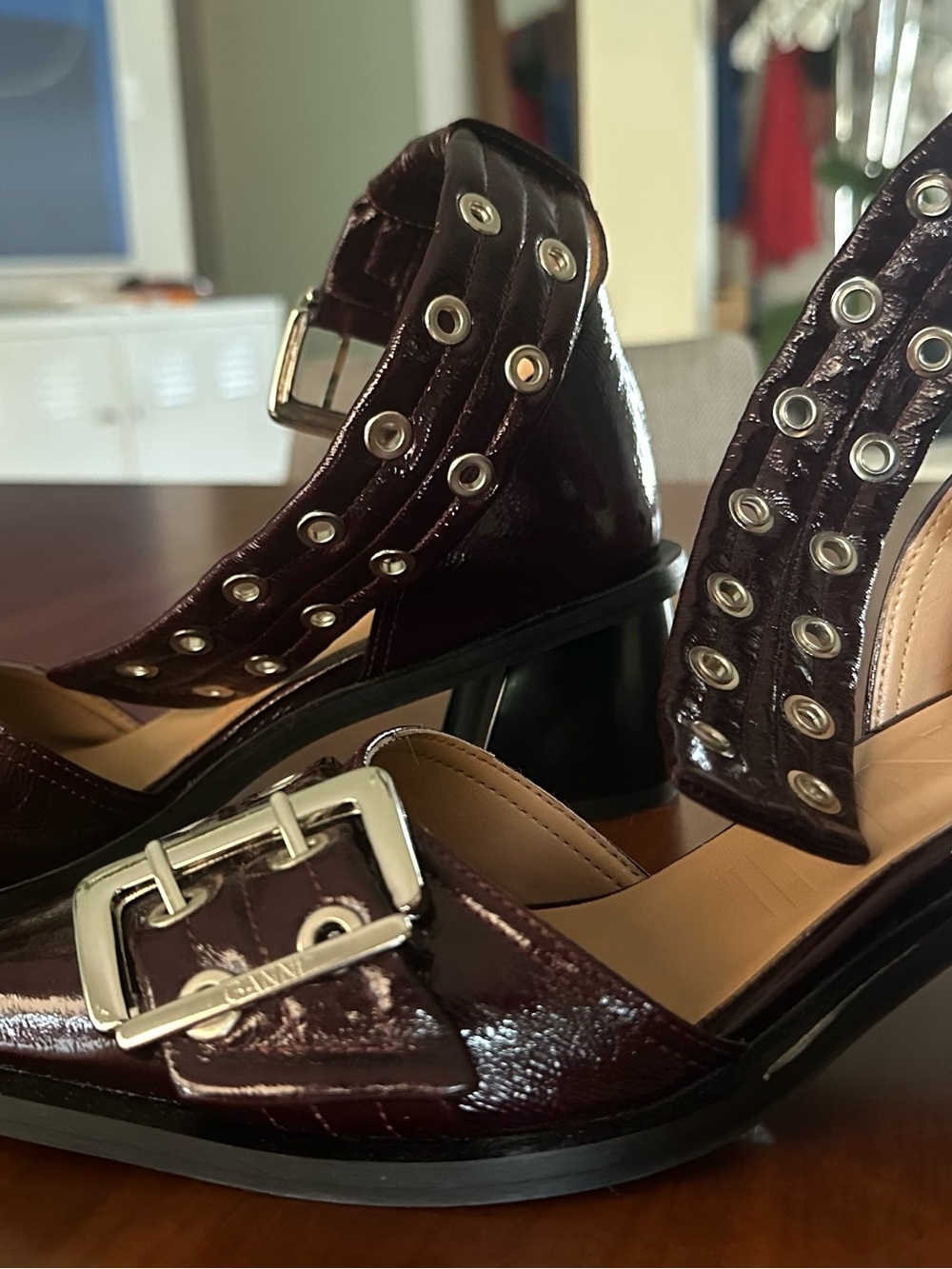 Ganni Burgundy Pointed Toe Ankle Strap Heels with Buckle - Picture 5 of 6